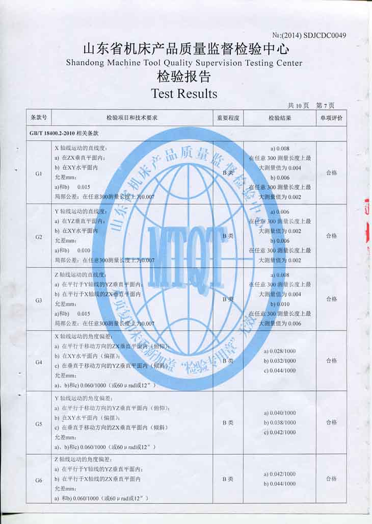 山東海特VMC850加工中心質檢報告